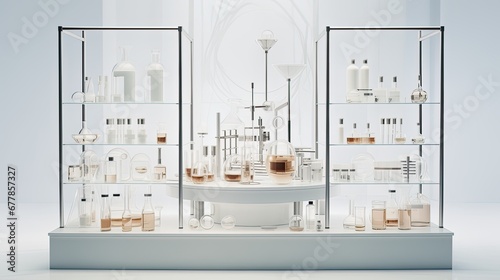 a stage showcase for cosmetics  elegantly arranged on glass pedestals in a modern laboratory setting.