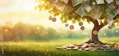 albero con banconote e monete che pendono dai rami frondosi, sfondo con tramonto su verdi prati photo