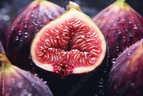 An intimate photograph showcasing the split-open ripe fig and its luscious interior
