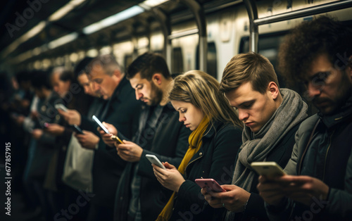 Train cabin during a rush hour full of people where everybody looking down on their highlighted cellphone screens