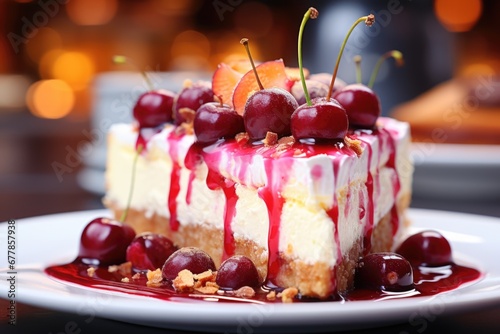 A detailed capture emphasizing the close-up of a cheesecake slice adorned with fresh fruit