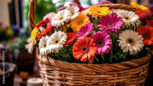 Colorful gerbera flowers in a basket on the table. Springtime Concept. Valentine's Day Concept with a Copy Space. Mother's Day