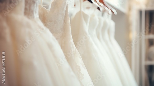 Elegant Bridal Dresses on Display in Boutique: Luxury Wedding Fashion. Generative ai