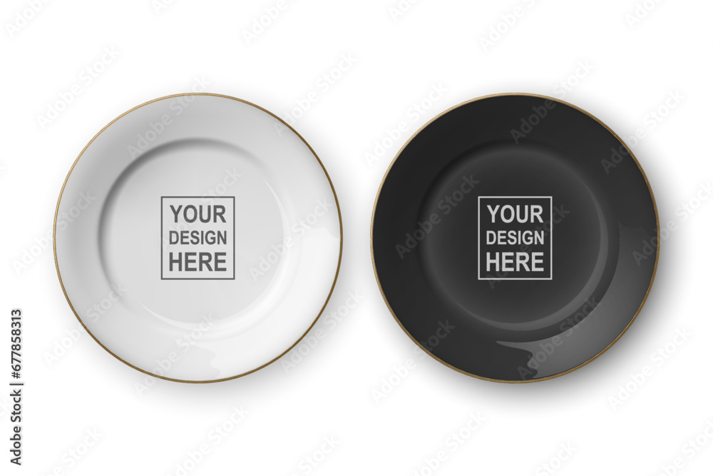 Fototapeta premium Vector 3d Realistic White and Black Empty Porcelain, Ceramic Plate Icon Set Closeup Isolated. Design Template for Mockup. Stock Vector Illustration. Top, Front View