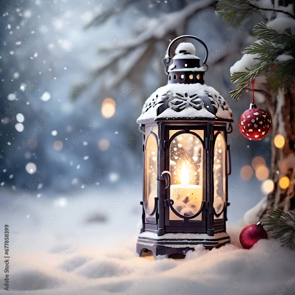 Christmas Lanterns and Snowy Decorations in a Festive Christmas Background