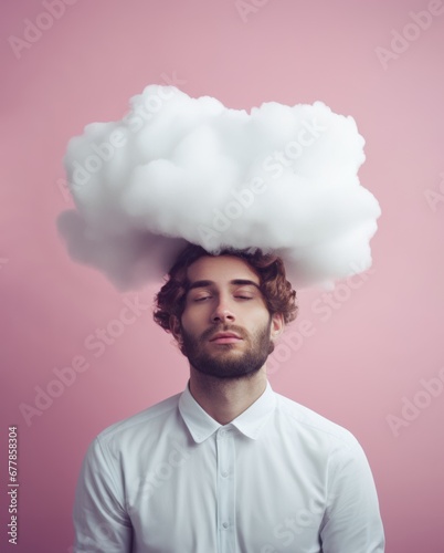 A man with a blissful expression on his face, with a cloud above his head.