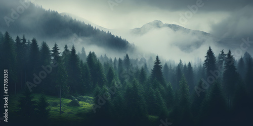 Foggy dark green pine tree forest, landscape background  photo