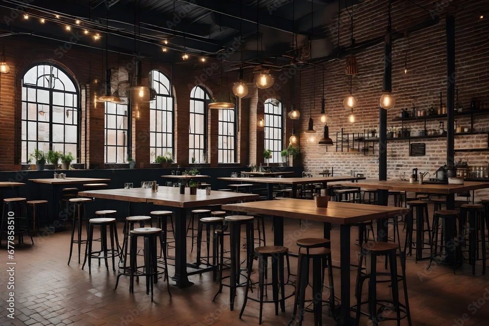 An industrial-style cafe interior with  brick walls and vintage furniture