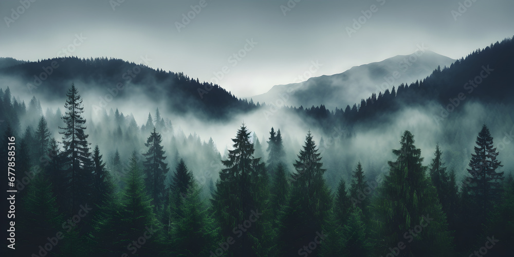 Mystic foggy dark green pine tree forest, landscape background  - obrazy, fototapety, plakaty 