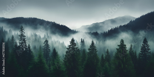Mystic foggy dark green pine tree forest, landscape background  © TatjanaMeininger