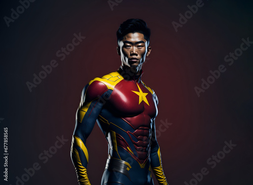 Male chinese superhero. Asiatic guy in super hero suit