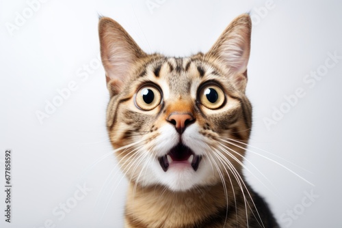 funny cat looking shocked with mouth open portrait on white background with copy space