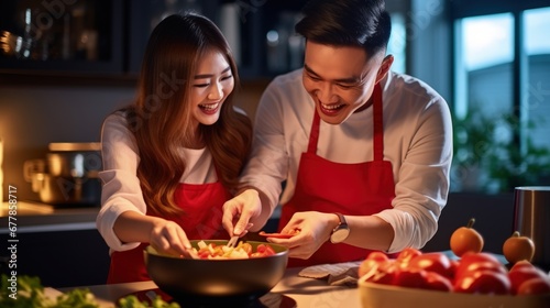 A happy young asian couple is cooking together on the kitchen. Cozy home and love concept