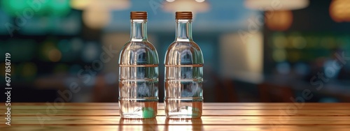 Transparent bottles standing on the wooden counter on the background of a blurred grocery store, an empty tabletop layout for advertising a product or product © StasySin