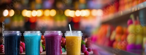 Multicolored smoothies in transparent glasses against the background of a blurry grocery store. Shelves with products