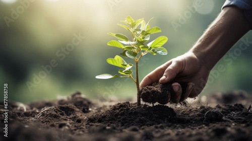 Hand Planting a Plant with a Blissfully Blurred Background, A Symbol of Growth and Eco-Friendly Intentions