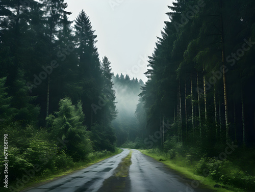 Foggy dark green pine tree forest with a road, landscape background 