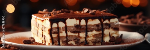An up-close perspective revealing the delicacy and intricacy of the layers in a tiramisu dessert