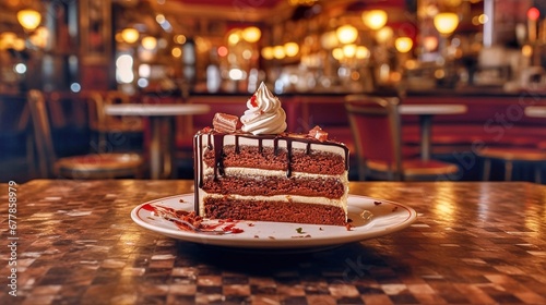 Chocolate cake with whipped cream on a table in a cafe.