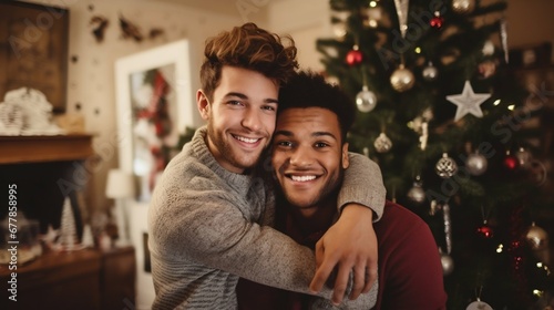 Smiling Gay Couple Embracing in Living Room with Christmas Backdrop. Generative ai
