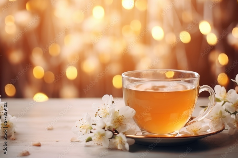 A mug filled with fragrant jasmine tea, possessing a delicate and calming quality A mug filled with fragrant jasmine tea, possessing a delicate and calming quality