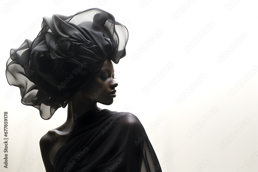 Fashion surreal Concept. Pretty black woman clad wrap with sensual flowing flying transparent silk cloth gauze. illuminated with dynamic composition and dramatic lighting. copy text space Fashion surreal Concept. Pretty black woman clad wrap with sensual flowing flying transparent silk cloth gauze. illuminated with dynamic composition and dramatic lighting. copy text space