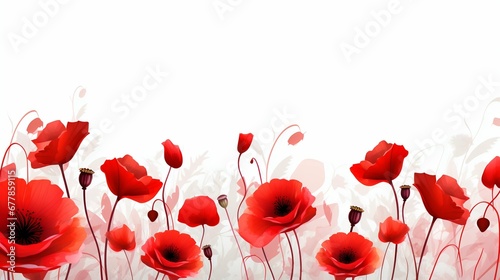 Red Poppies on White Background: Remembrance Day Banner. Generative ai © Scrudje