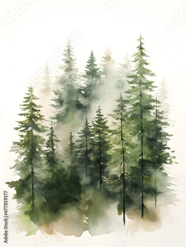 Watercolor illustration of pine tree forest with fog, abstract background © TatjanaMeininger