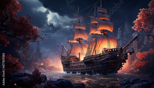Fotografia Sailing ship sails through night, mystery and adventure on water generated by AI