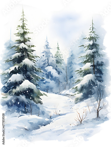 Watercolor illustration of pine tree forest with snow, abstract background