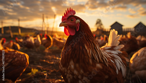 A majestic rooster stands in a vibrant meadow, looking at sunrise generated by AI