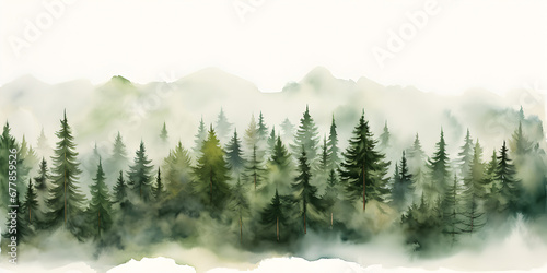 Watercolor illustration of pine tree forest with fog  abstract background