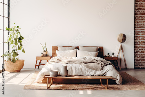 Rustic wooden bed against empty white wall with copy space. Scandinavian loft interior design of modern bedroom.