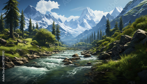 Majestic mountain peak, tranquil meadow, flowing water, serene forest generated by AI