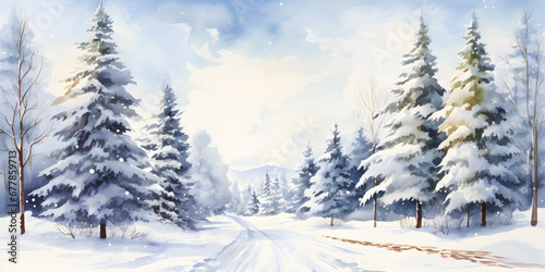 Watercolor illustration of pine tree forest with a road in winter, abstract background © TatjanaMeininger