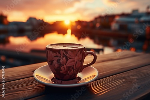 Aromatic coffee served in a cup against the backdrop of a sunset landscape