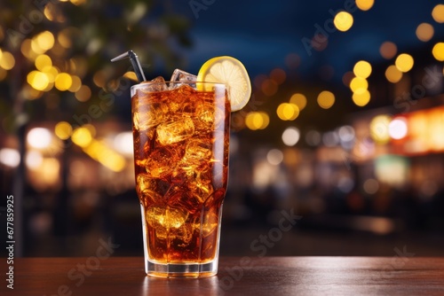 A refreshing glass of iced tea, tall and garnished with lemon slices
