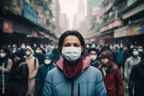 In a crowded urban setting, a thought-provoking image captures a person wearing a protective mask, symbolizing the collective responsibility