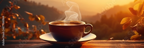 A cup of coffee with a pleasing scent, placed against a backdrop of nature