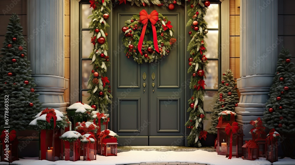 door of house decorated for christmas. door of house decorated for christmas.