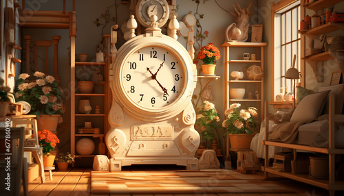 Wooden clock on table, vase with old fashioned flower, modern interior generated by AI