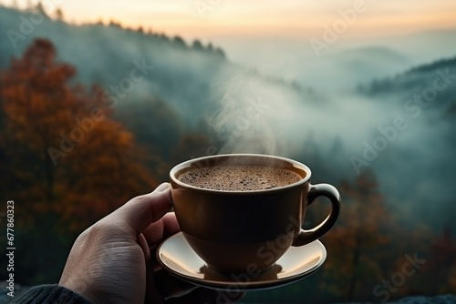 Against the backdrop of a landscape, a hand holds a cup of aromatic coffee