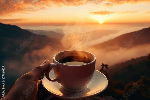 A hand cradling a cup of coffee, its delightful aroma set against a scenic background