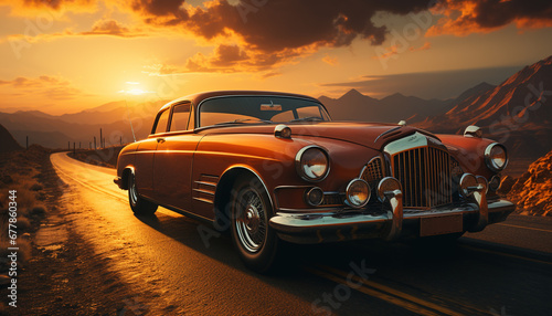 Vintage car driving through the scenic mountain landscape at sunset generated by AI