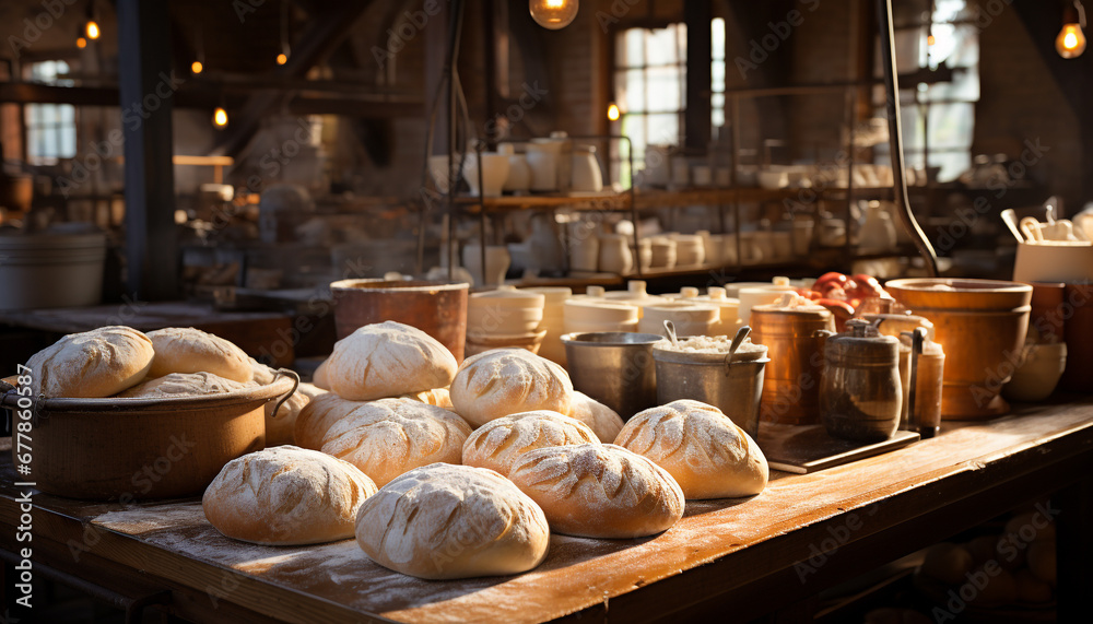 Freshly baked bread in a homemade rustic workshop generated by AI