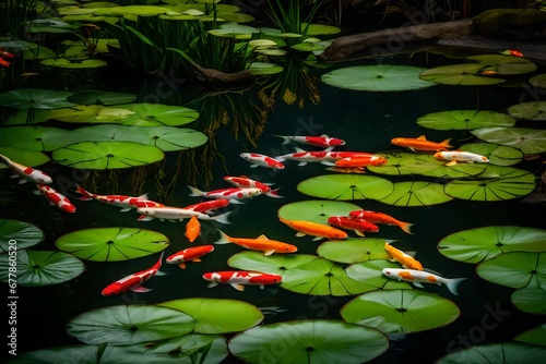 A serene lily pond in a Japanese garden  its surface adorned with colorful koi