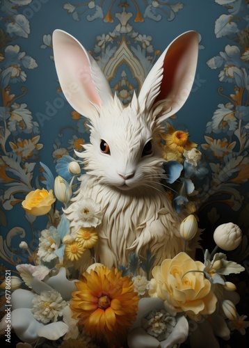 Fairytale rabbit surrounded by flowers. Gorgeous illustrations of characteristic animal portraits in the style of colorful assemblages of the 1940s, the Helsinki school, yellow and aquamarine colors photo