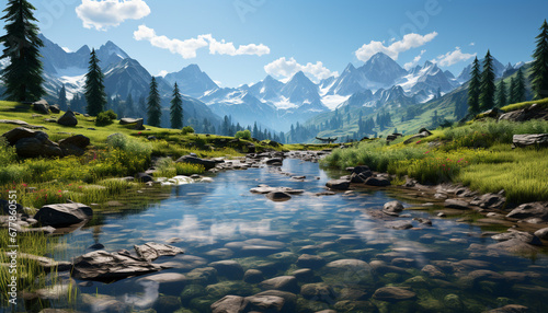 Majestic mountain peak reflects in tranquil pond generated by AI © Jemastock