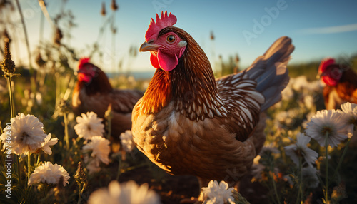 A beautiful sunrise on the farm, chickens grazing in the meadow generated by AI © Stockgiu