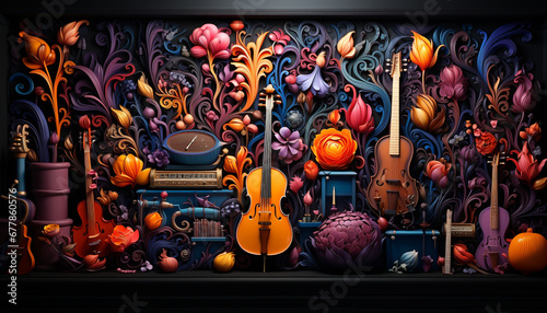 Illustration of musical instrument backgrounds violin, guitar, piano, abstract composition generated by AI photo